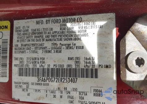 2014 Ford Fusion S z USA, uszkodzony, nr VIN 3FA6P0G72ER253407